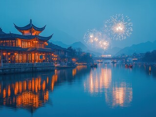 Obraz premium riverside scene featuring illuminated traditional Chinese architecture, glowing lanterns reflecting on the water, and vibrant fireworks lighting up the evening sky amidst a serene mountain backdrop.