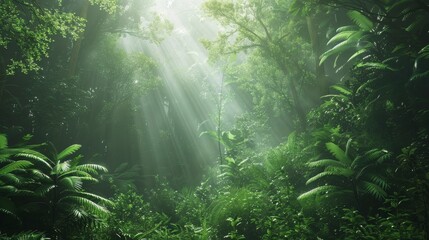 Fototapeta premium Lush Green Forest with Sunlight Streaming Through Canopy Creating a Serene and Peaceful Atmosphere in a Tropical Rainforest Landscape