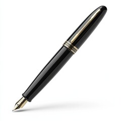 Elegant black fountain pen isolated on a white background, featuring gold trim and a glossy finish.