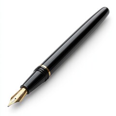 Elegant black fountain pen isolated on a white background, featuring gold trim and a glossy finish.