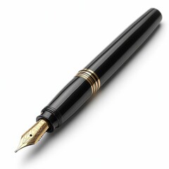 Elegant black fountain pen isolated on a white background, featuring gold trim and a glossy finish.