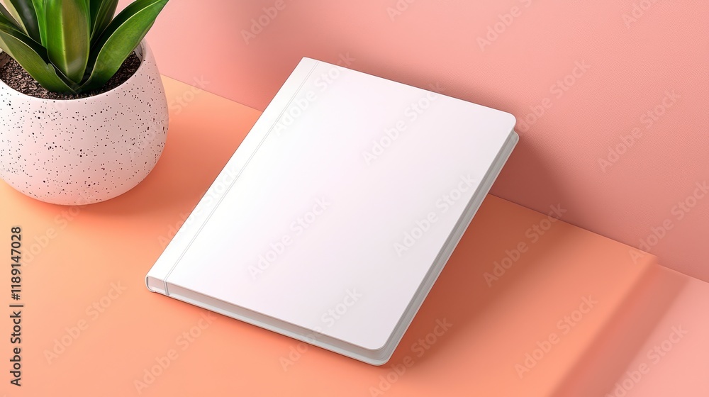 Poster a minimalist scene featuring a blank notebook and a potted plant against a soft pink background, cre