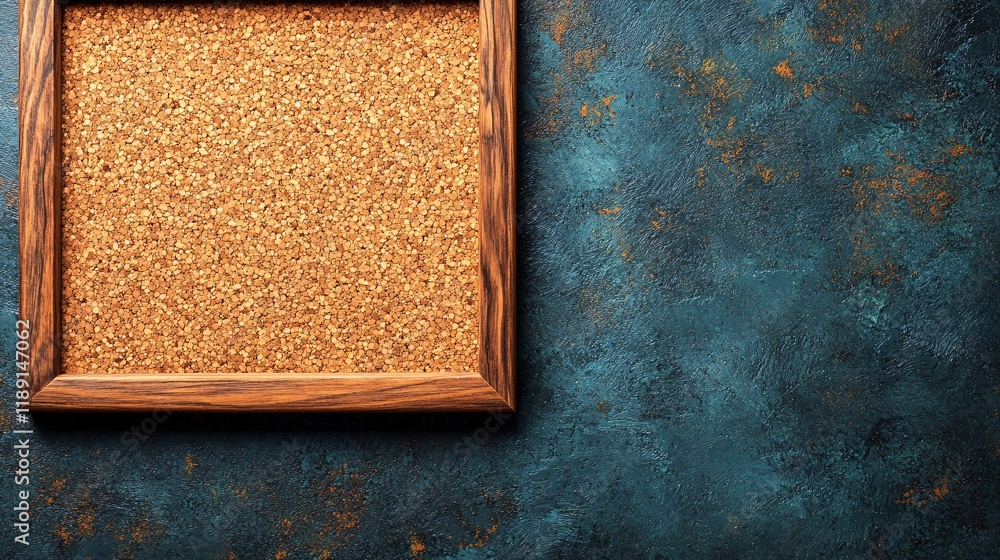 Poster corkboard frame on a textured blue background ready for notes and reminders