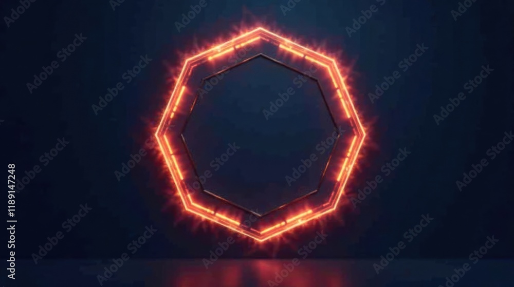 Poster glowing octagonal frame with dark background and bright orange lights
