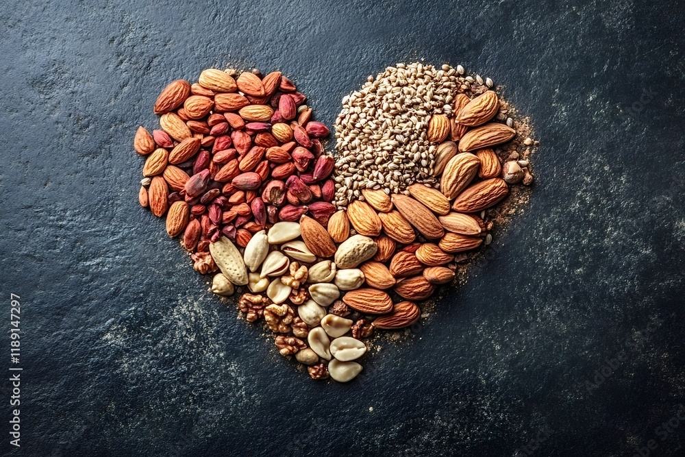 Poster different types of nuts and seeds are arranged in a heart shape on a dark textured background, creat