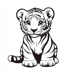 Cute tiger cub sitting, white background, line art, children's book illustration