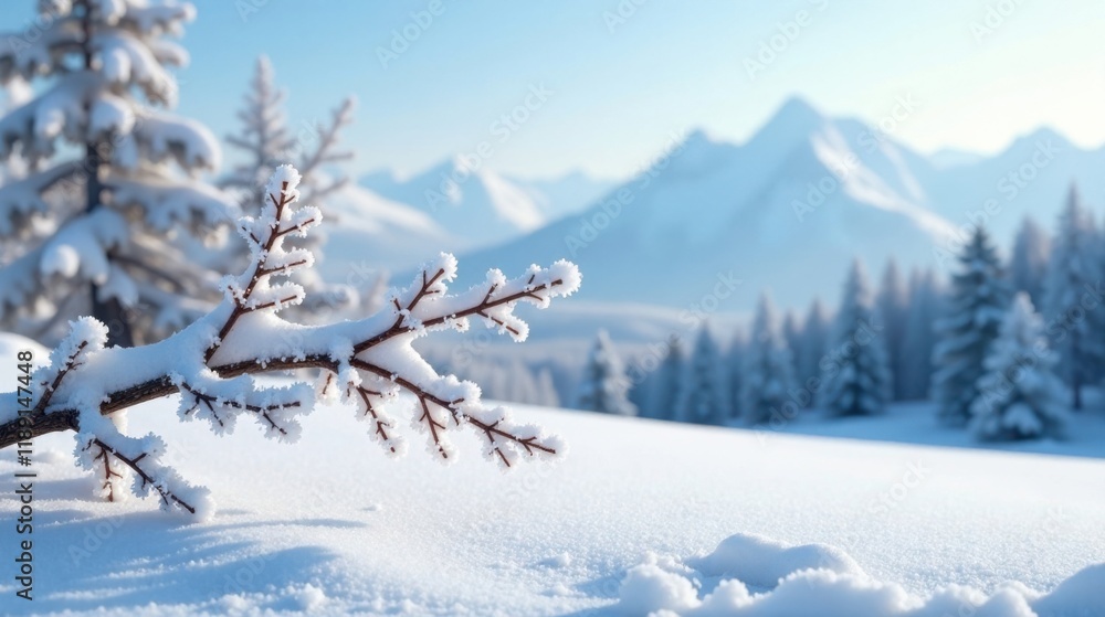 Poster winter wonderland branch covered in pristine snow against a backdrop of snow-covered mountain peaks 