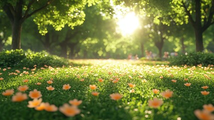 Obraz premium A serene park scene filled with blooming flowers and lush greenery.