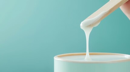 Close-up view of white glue dripping from wooden stick into turquoise container. Glue flows smoothly down stick. Image macro shot texture, viscosity of liquid adhesive. Craft product presented on
