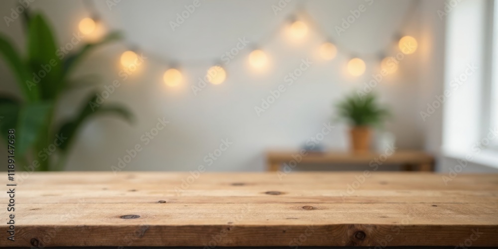 Poster Rustic Wooden Tabletop Display with Blurred Background Featuring Warm Lighting and Greenery