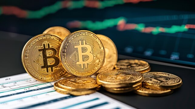 A collection of shiny Bitcoin coins on a dark surface, with financial charts blurred in the background, symbolizing cryptocurrency trading.