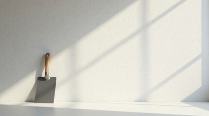 Simple Wooden Handled Putty Knife Against White Wall with Sunlight Shadows