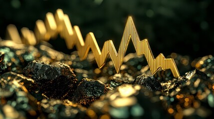 A digital graphic depicting a golden line graph rising over a background of shiny black rocks, symbolizing market trends or financial growth.