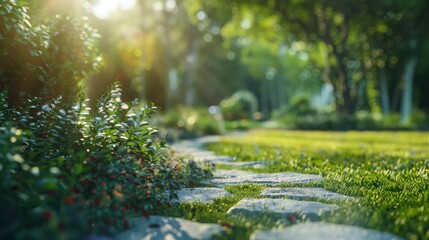 Lush Green Garden Pathway Surrounded by Bright Blooming Plants and Sunlight Filtering Through Trees in a Tranquil Outdoor Setting