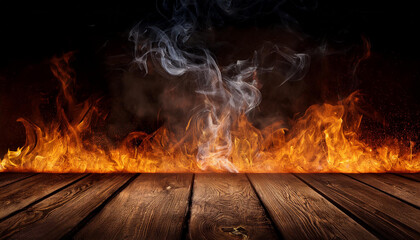 smoking wood plank background with fire banner