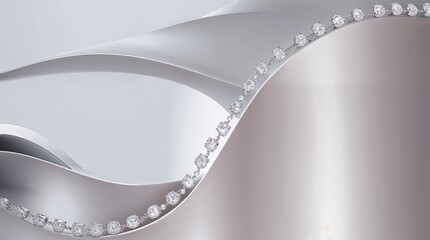 Abstract background in pastel colors of smooth, curved silver and light pink, chain with sparkling, diamond-like stones