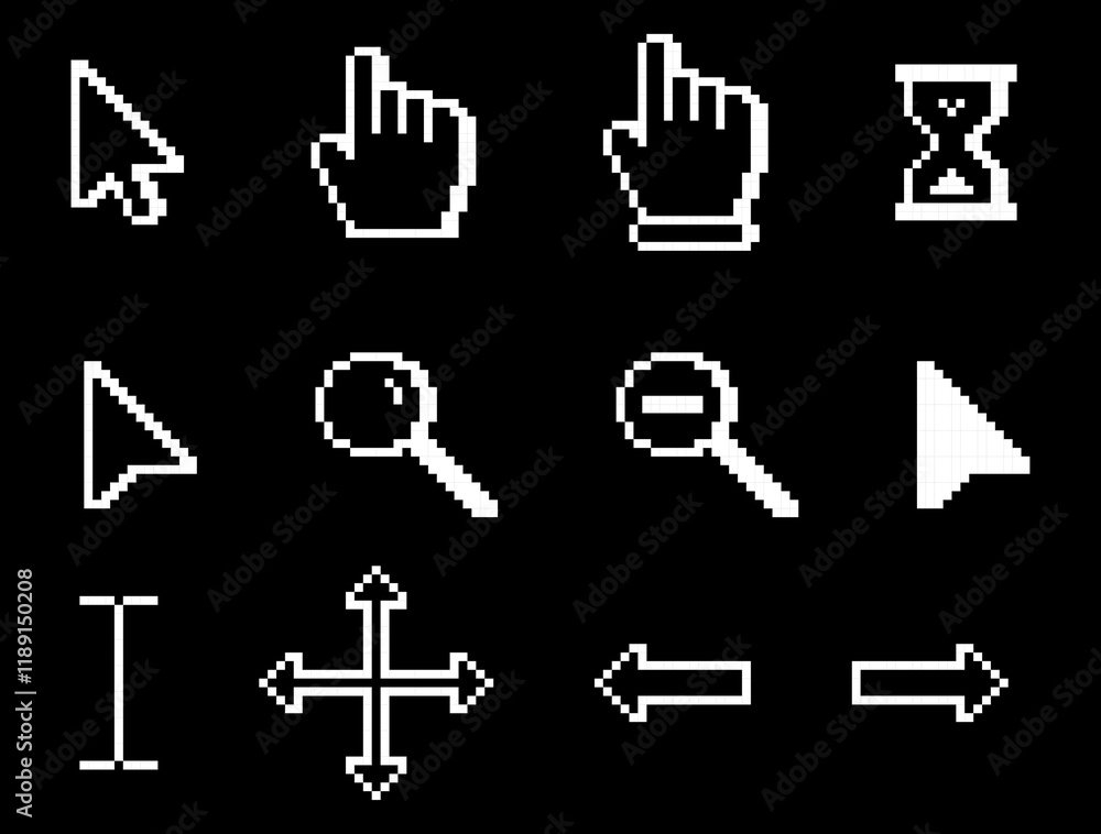 Poster pixelated cursor icons set on black background, black cursor icons set, pixelated black cursor symbo
