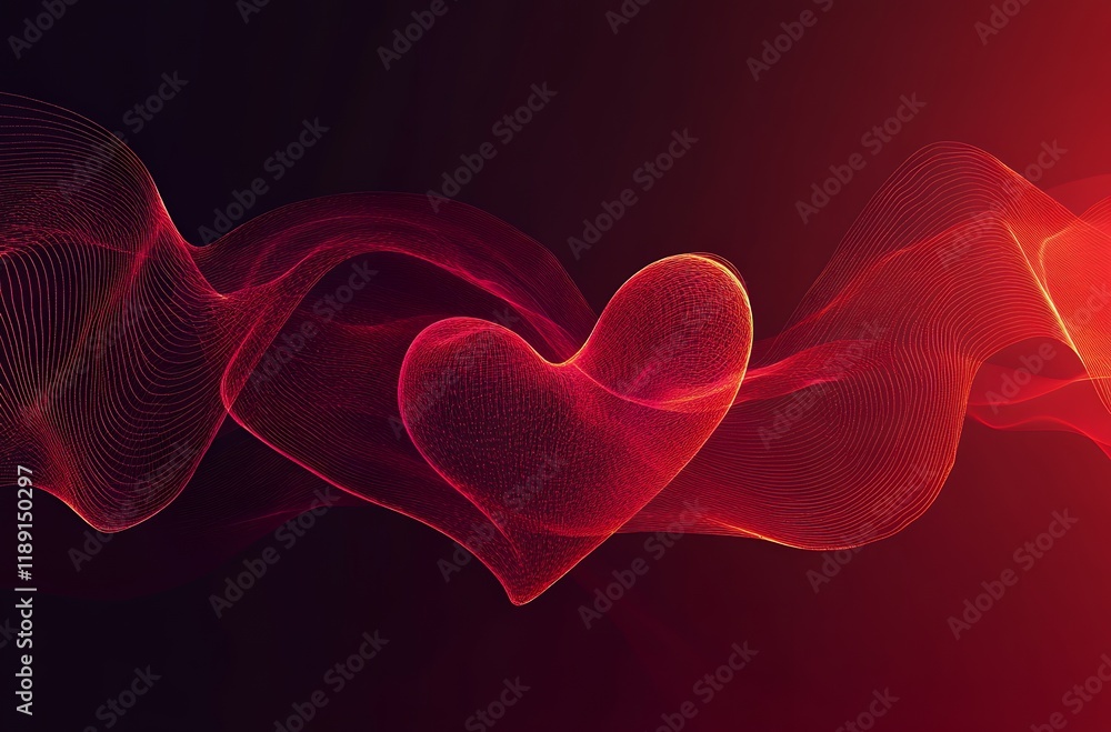 Poster abstract red heart shape formed by elegant flowing intertwined lines on dark background