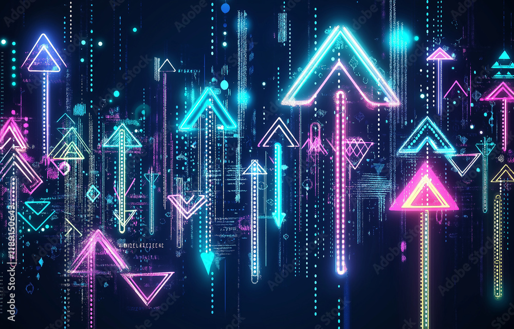Poster abstract background with neon blue and pink arrows on dark gradient - modern vector design for techn