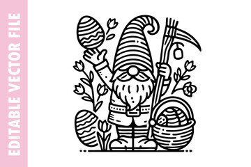 gnome, egg and flowers, Easter line vector design