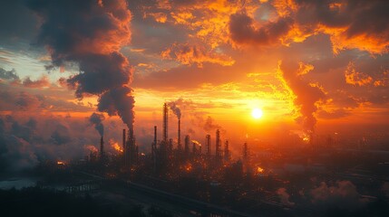 Fototapeta premium Fiery Sunset Over Industrial Complex: A Dramatic Silhouette