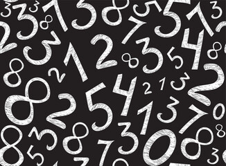 Math educational vector seamless pattern with different numbers handwritten with chalk on a blackboard