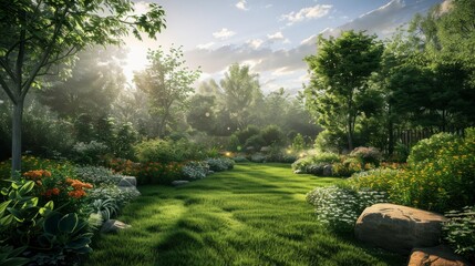 Obraz premium Serene Garden Landscape with Lush Green Grass and Vibrant Flowers Under a Bright Sky Illuminated by Soft Morning Light