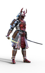 Fototapeta premium Futuristic Red Samurai Warrior in Battle-Ready Armor