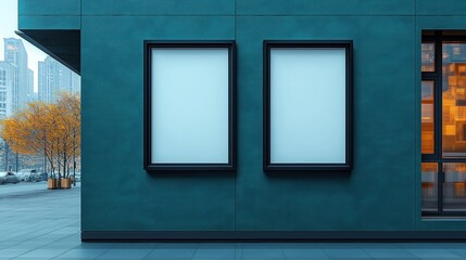 Modern building facade with empty frames for advertising artwork. Urban city environment. Suitable for marketing design concepts. Empty display panels on building exterior. City view in background.