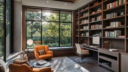 Stylish Home Office with Custom Built-in Bookshelves and Abundant Light