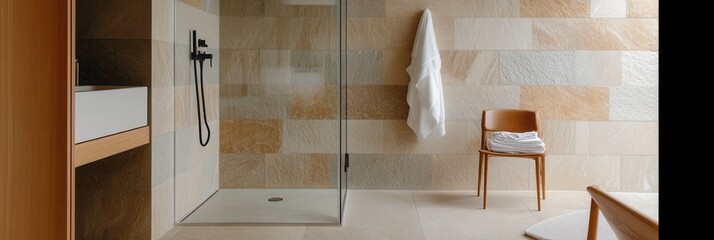 A contemporary bathroom with a glass walk-in shower, natural stone tiles, and minimalist decor.