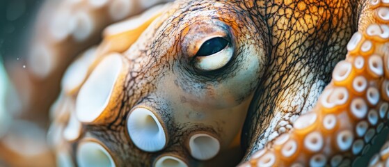 close up view of an octopus eye and tentacles