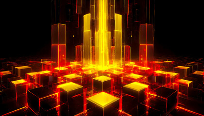 3D Abstract realistic illustration of neon light featuring yellow and red featuring cubes.