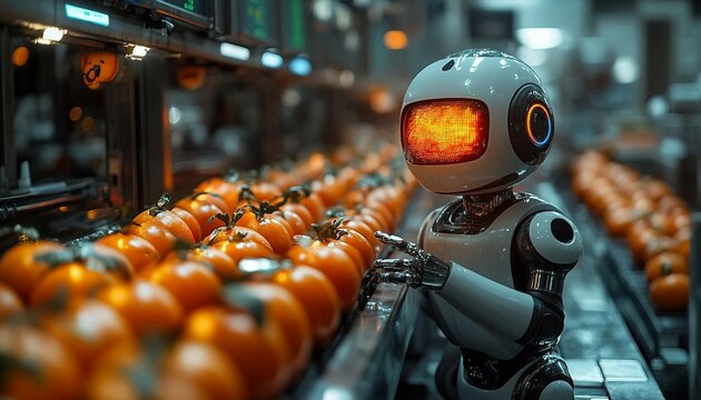 An AI robot scanning food products with glowing sensors, ensuring quality and consistency in a futuristic factory, AI-Powered Quality Control