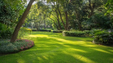 Naklejka premium Lush Green Garden Scene with Sunlight Filtering Through Trees, Vibrant Foliage, and Serene Atmosphere for Nature and Landscape Photography