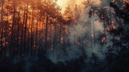 Fototapeta premium Intense Forest Fire at Dusk with Trees Silhouetted Against an Orange Sky and Smoke Rising in the Air