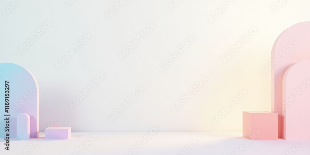 Poster Pastel-colored abstract shapes against a white background form a minimalist product display scene