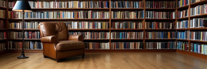 A cozy home library with floor-to-ceiling bookshelves, a leather armchair, and a reading lamp.