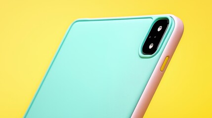 Fototapeta premium A vibrant, close-up view of a mint green phone case against a bright yellow background, highlighting its sleek design and dual camera cutout.