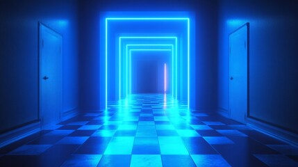 Obraz premium Neon Corridor with Checkered Floor