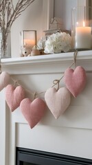 Pink felt heart garland on mantelpiece.