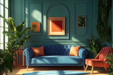 Photo living room is elegantly furnished with a blue sofa, terracotta chair, artistic wall frames, and indoor plants, making it a chic and stylish space.