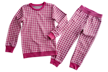 Set of cozy thermal pajamas with checkered design in vibrant pink and red colors, featuring long sleeves and pants, displayed on a white background