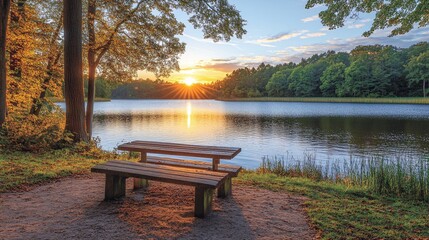 Obraz premium Scenic sunset view over tranquil lake with picnic table in forest