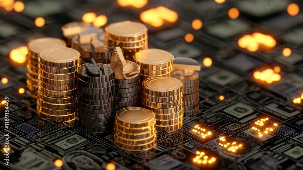Poster a digital representation of stacked coins on a circuit board, symbolizing cryptocurrency and financi