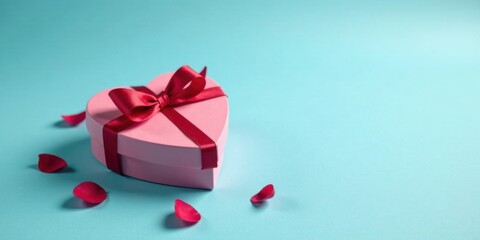 Heart-shaped gift box with ribbon and scattered petals on a light blue background