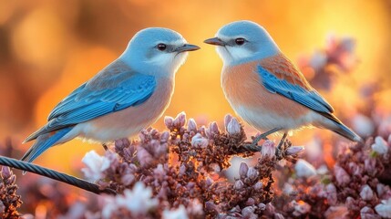 Obraz premium Two Bluebirds Perched on a Branch at Sunset, Closeup View