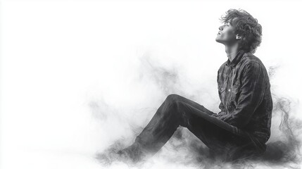 Obraz premium Black and white portrait of a young man surrounded by smoke, evoking introspection, mystery, solitude, dramatic expression, deep emotion, and artistic moody aesthetics, Generative AI