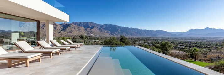 Fototapeta premium A luxurious patio with an infinity pool, sun loungers, and a panoramic mountain view.