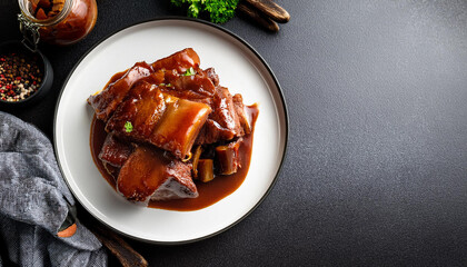 plate with braised pork liver copy space image